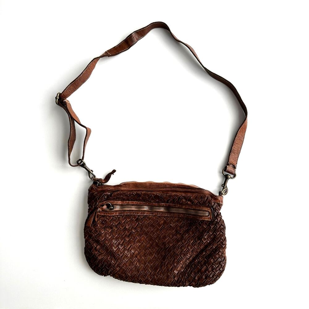 Langelotti Italian Made Woven Brown Leather Crossbody Bag Purse